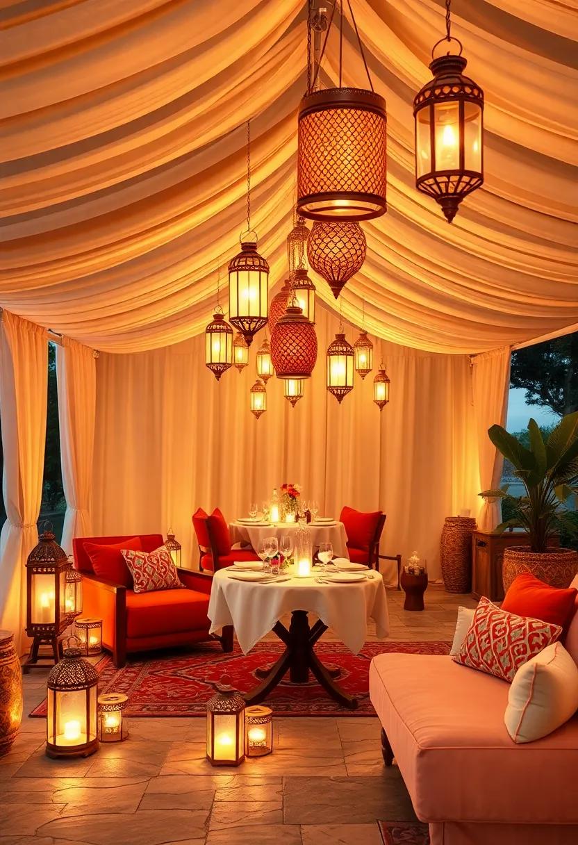 A draped tent ⁢setting with lanterns of varying sizes and‍ hues creating a vibrant, ⁤festive atmosphere