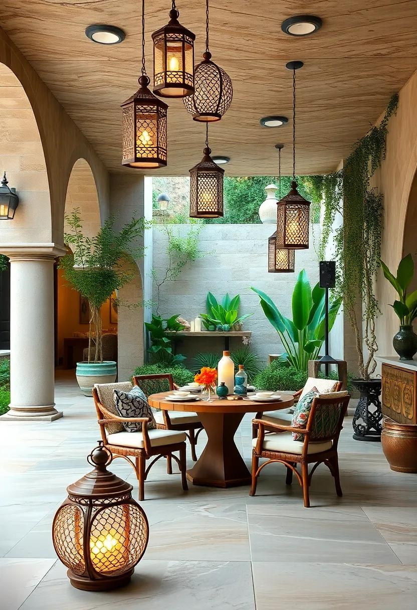 A‍ garden patio‍ with lanterns that combine traditional patterns with a fresh, airy color palette