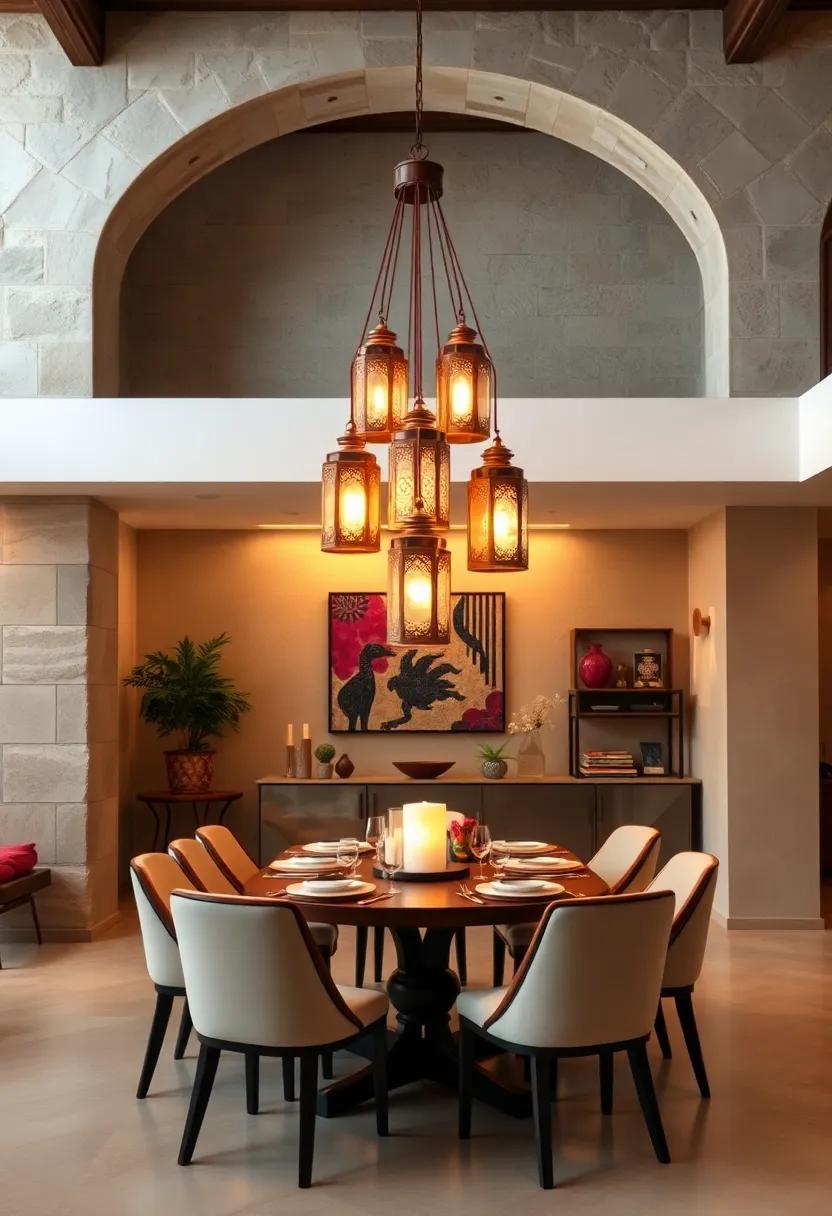 An indoor dining ⁤room showcasing a chandelier composed of nested Moroccan lanterns glowing warmly