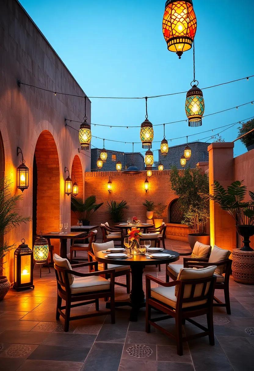 An intimate rooftop terrace ​bathed⁢ in ‌soft ​golden light from colorful stained-glass lanterns hanging overhead