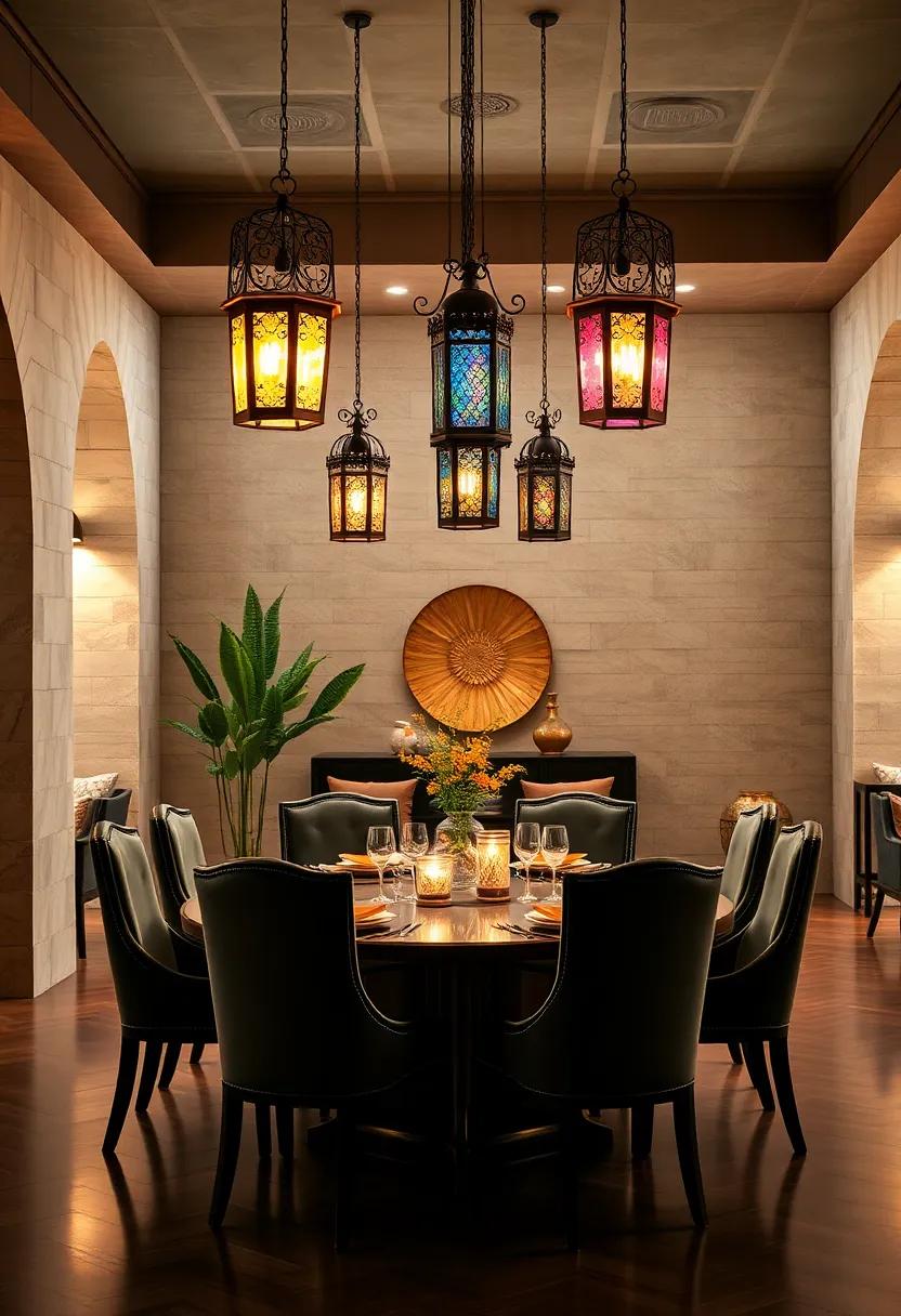 A lavish dining room with ‌lanterns featuring colored glass panels that cast jewel-toned reflections