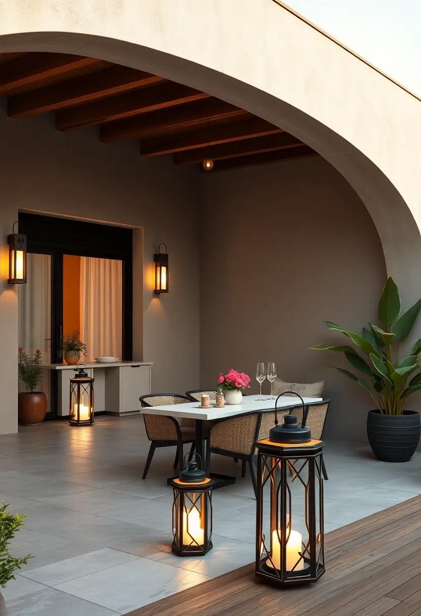 A minimalist ‍patio ​deck featuring ⁣sleek⁤ lantern ‌stands with geometric cutouts, creating ‌contrasting light and shadow