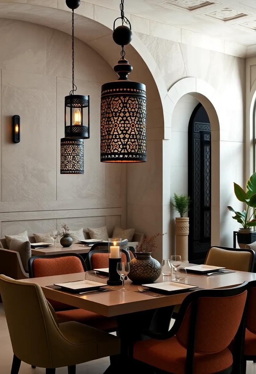 A modern dining space accented with sleek black lanterns featuring traditional arabesque patterns