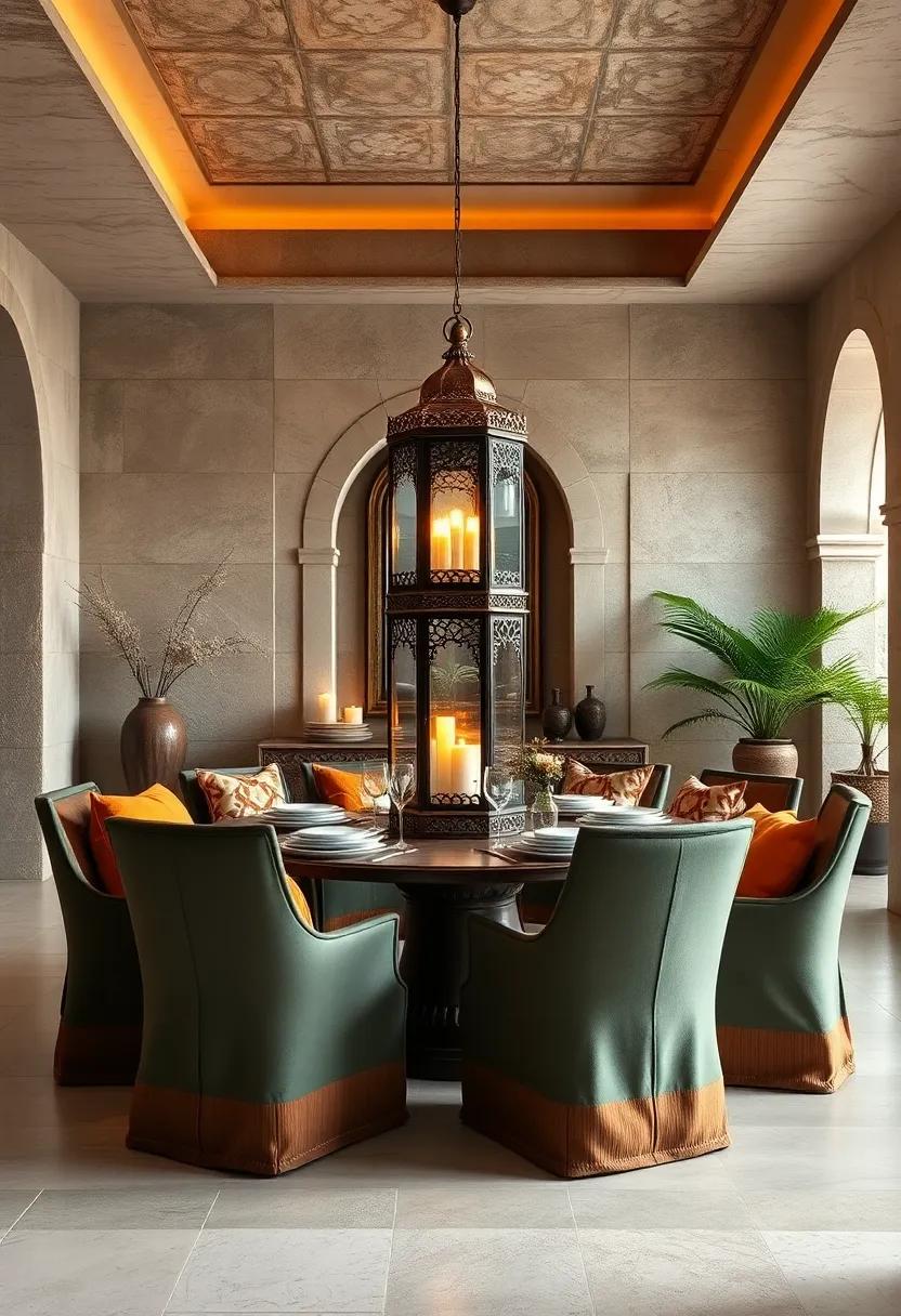 An opulent⁣ dining room with a grand lantern centerpiece surrounded‌ by vibrant textiles and cushions