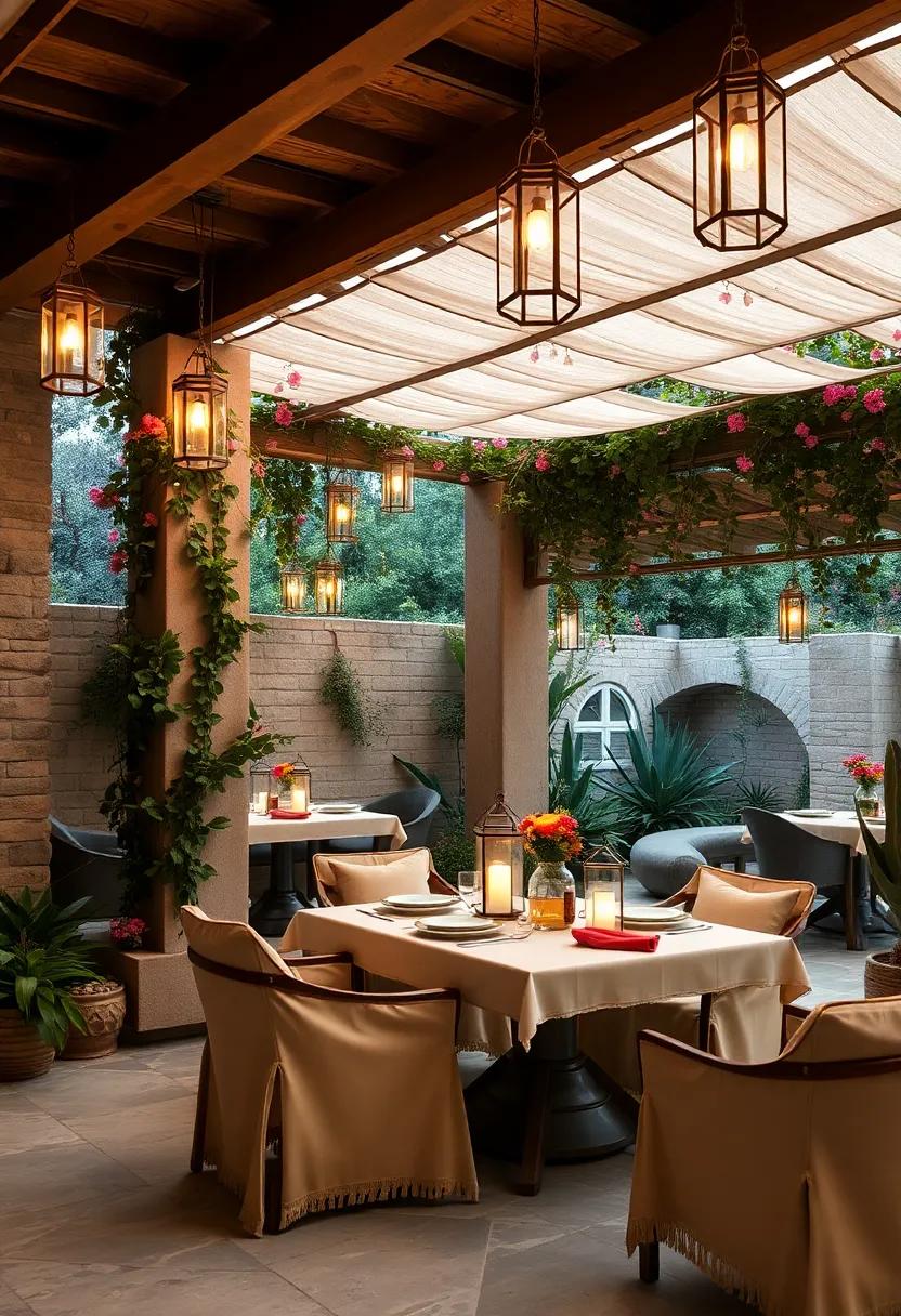 An outdoor pergola wrapped in flowering vines, with lanterns suspended to create a ​dreamy glow