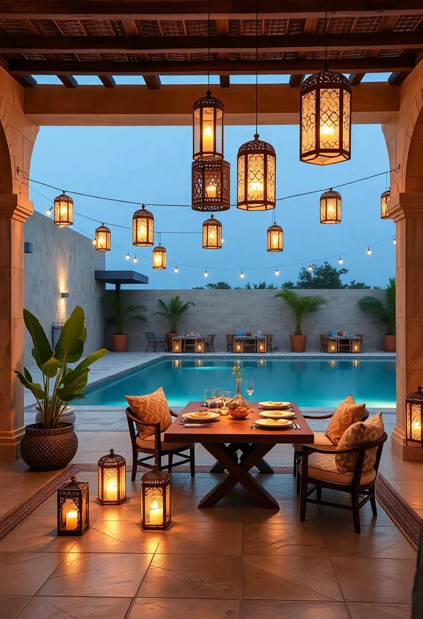 A poolside alfresco setup where floating lanterns add a magical touch to evening ‌dining