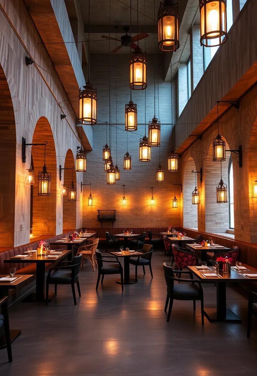 A rooftop bar with metal lanterns clustered in groups, casting elaborate shadows on tiled floors