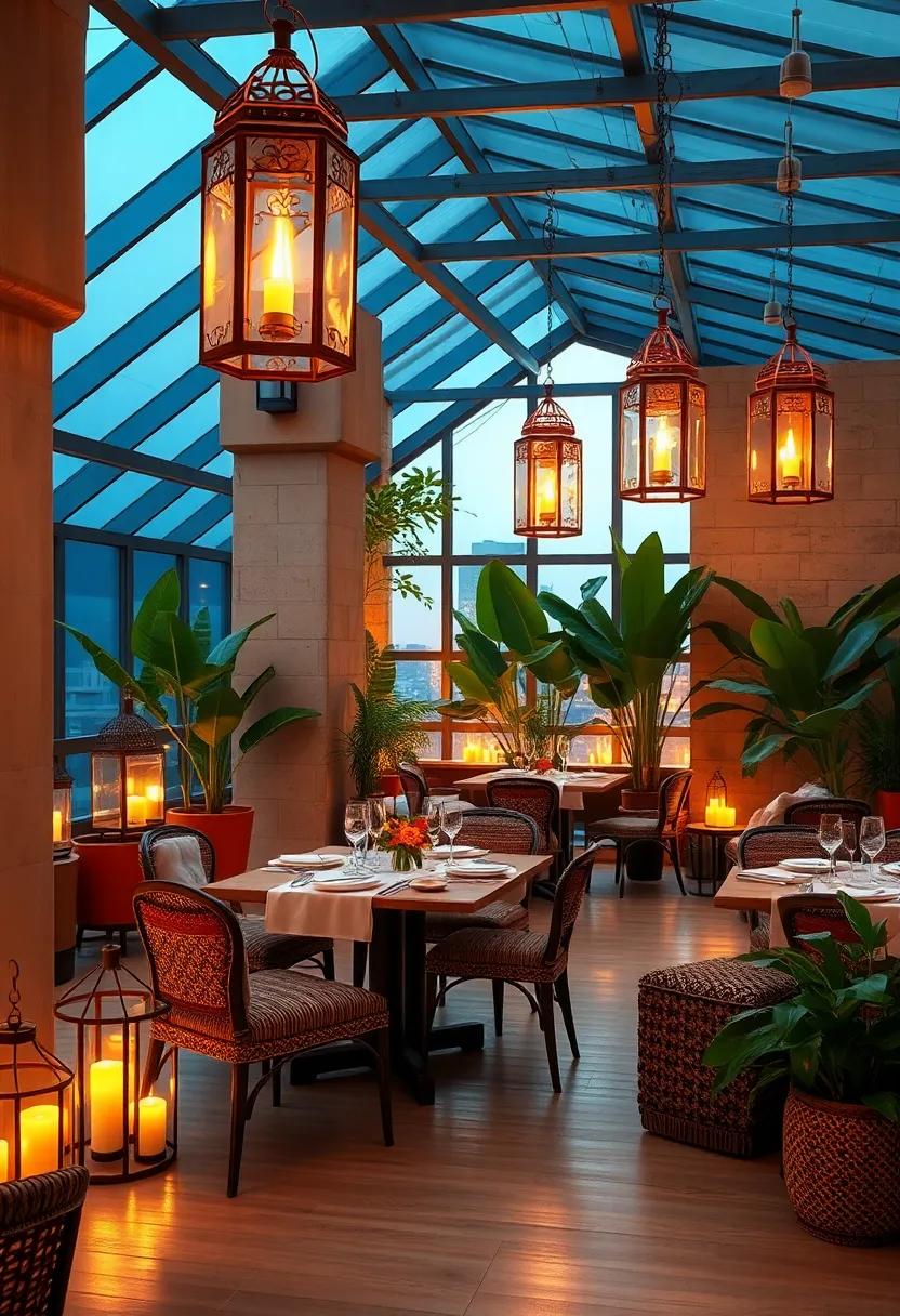 A rooftop greenhouse dining‍ space where glass ‍lanterns reflect ‌lush⁢ greenery and candlelight