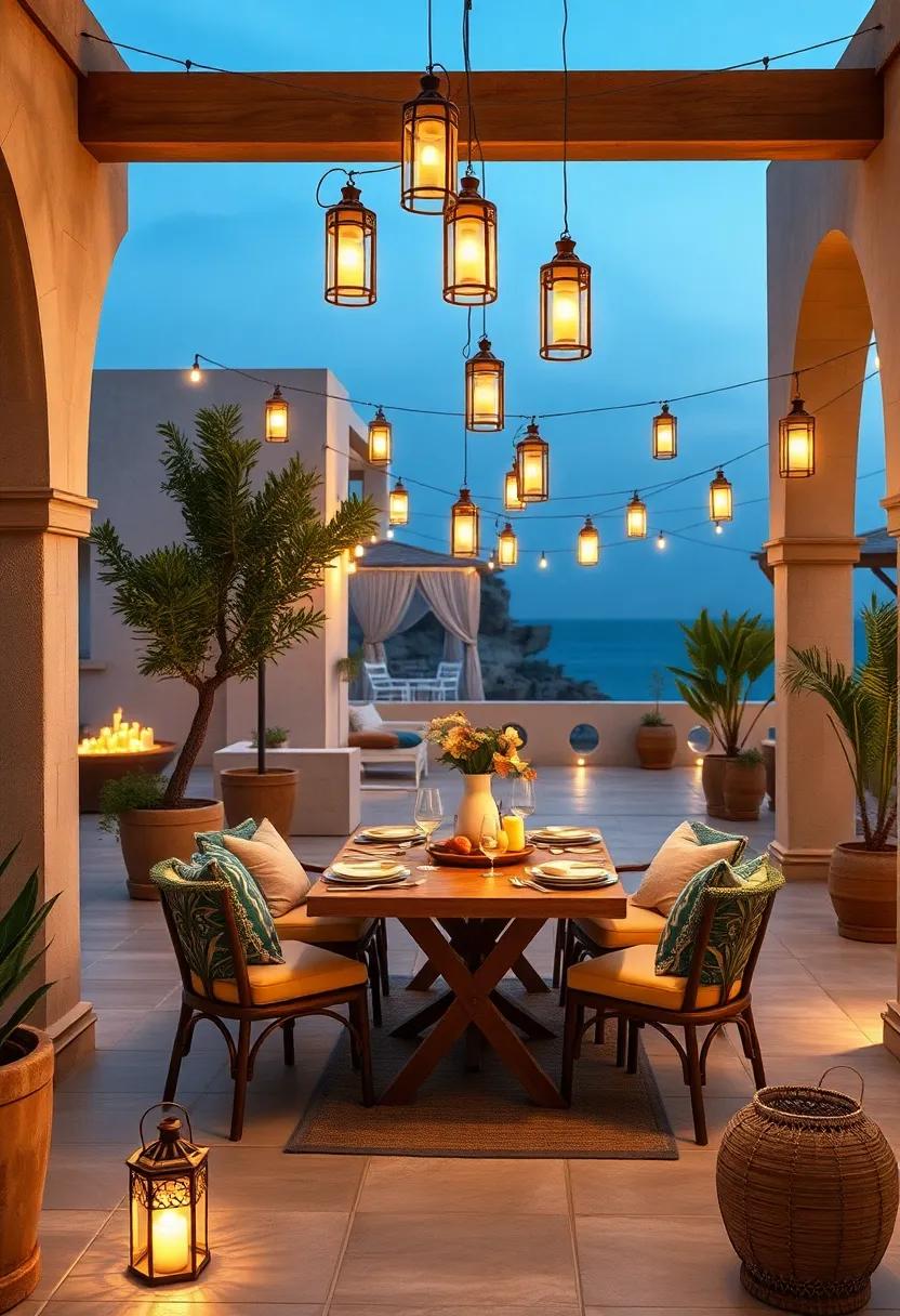 A seaside⁣ veranda illuminated by lanterns that sway gently in the evening breeze