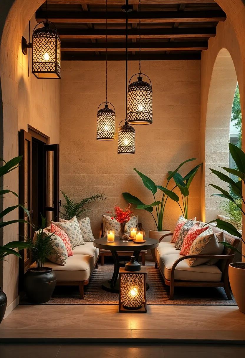 A serene garden nook ‍where lanterns with‌ filigree patterns illuminate plush ‍cushions and low-slung seating