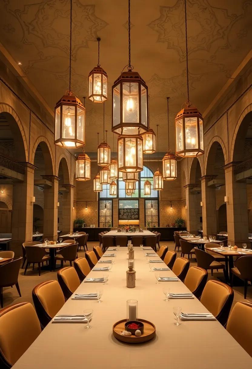 A spacious⁤ dining hall featuring clusters of ⁤oversized⁣ metal lanterns suspended above a long,communal table