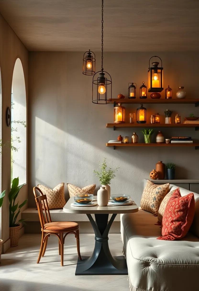 A vintage-inspired kitchen nook⁤ with an ‌array of small lanterns on‌ shelves casting a cozy ambiance