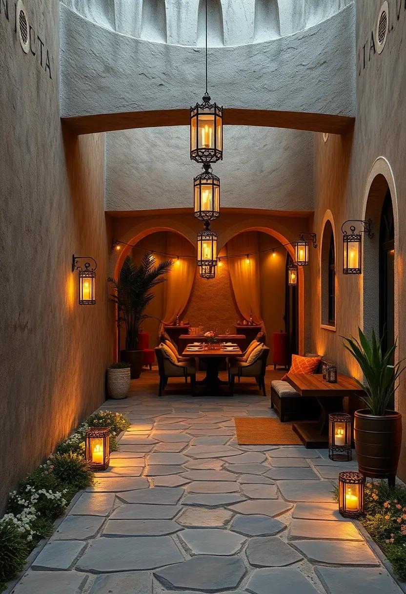 A winding⁢ stone path lined with lanterns leading‌ to a secluded dining alcove under the‍ stars