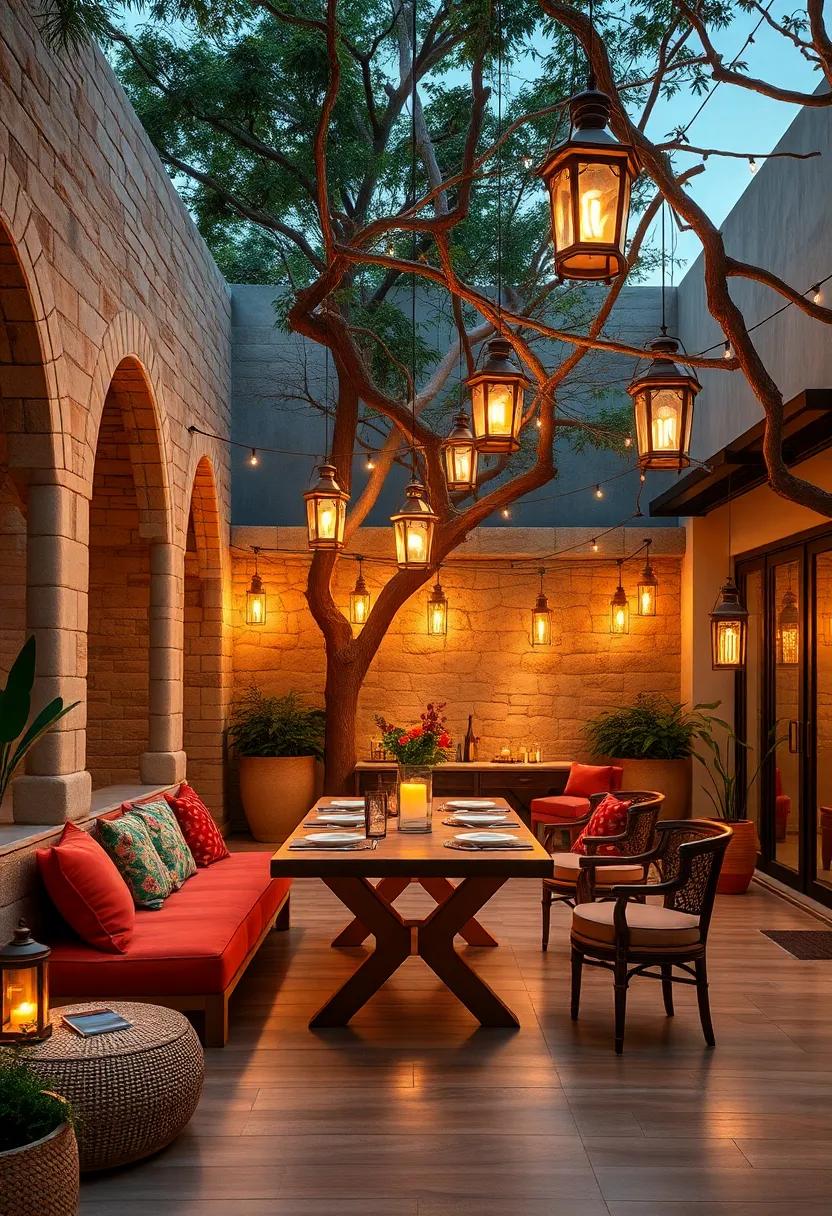 A woodland dining area where lanterns hang from tree branches, mixing natural and crafted‍ illumination