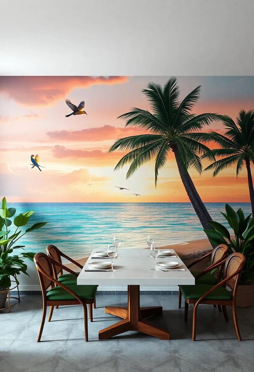 Tropical‍ Paradise: Create a​ relaxed dining experience with a mural of palm trees, sunsets, and‍ exotic birds, as ​if you’re dining ‌on a remote tropical ‍island