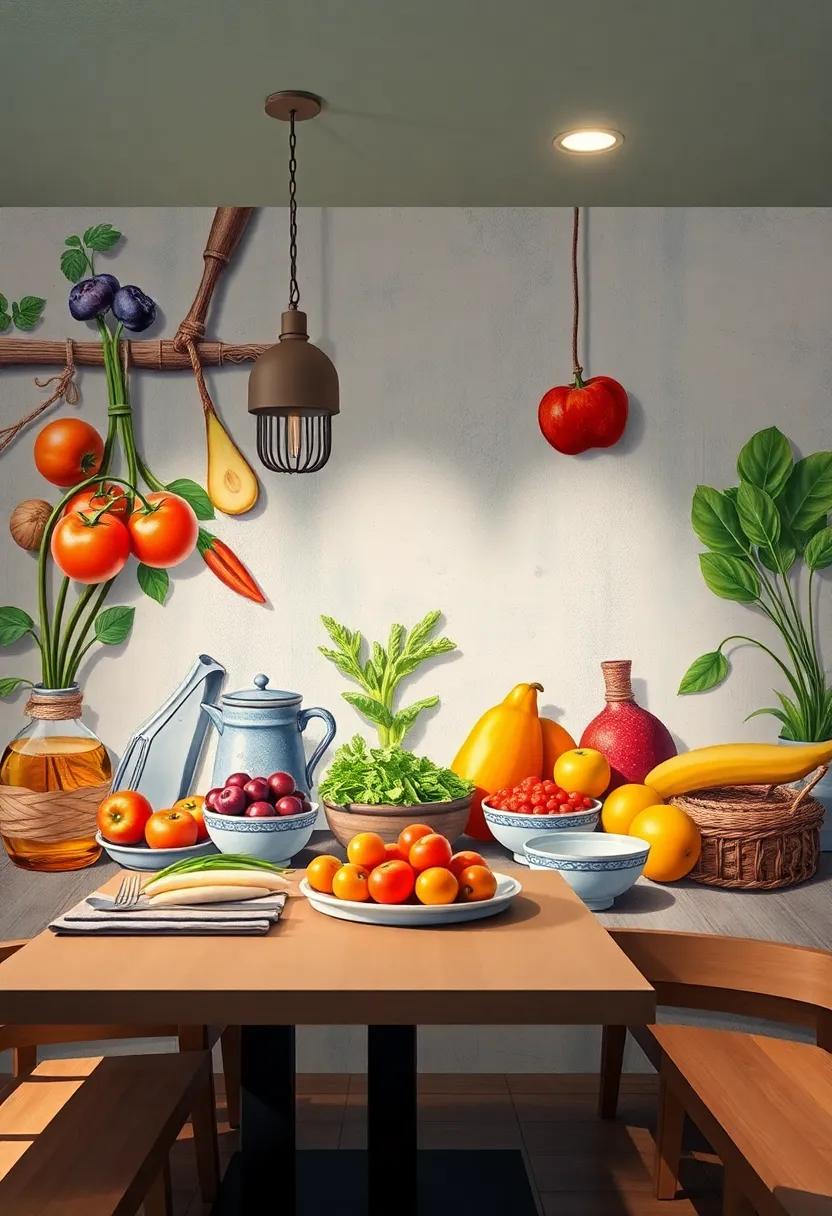 Artistic Culinary journey: Celebrate the art of cooking with a mural that depicts fresh ingredients, ‌cooking utensils, ​and​ the ⁤joy of​ shared meals