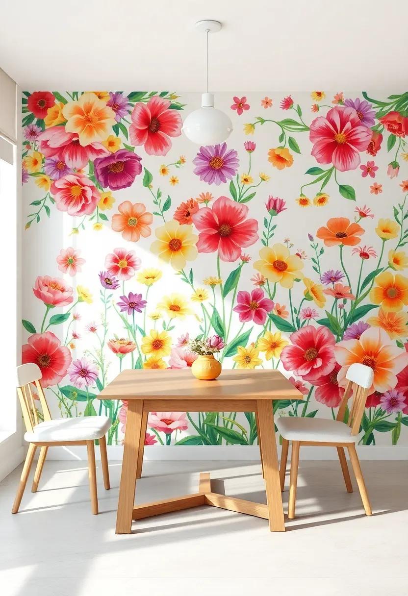 Whimsical Floral Garden: transform your dining area with ⁢an explosion ⁣of colorful flowers in an oversized mural, creating‍ a cheerful atmosphere ⁤for ⁣meals