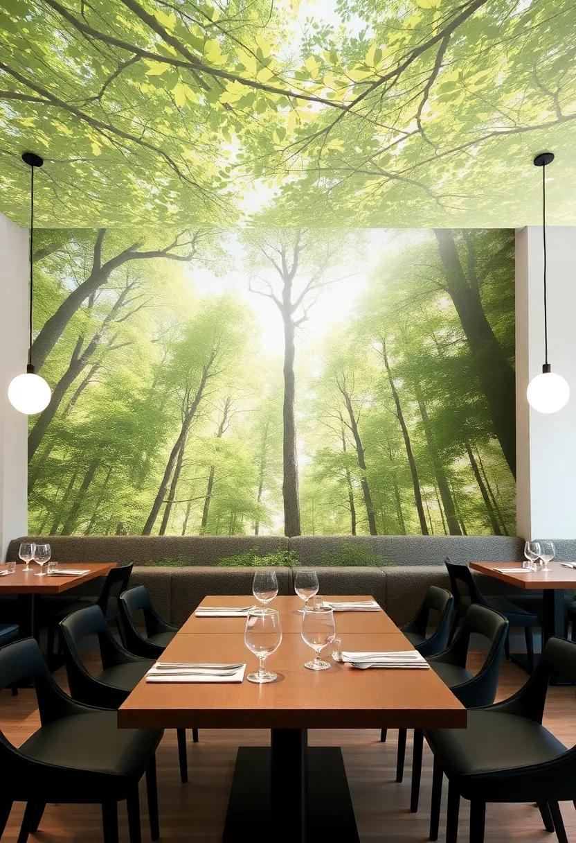 Ethereal Forest Canopy: Embrace‌ nature with a mural depicting a lush⁣ forest⁤ and sunlight filtering through the trees, creating a peaceful atmosphere ⁤for dining