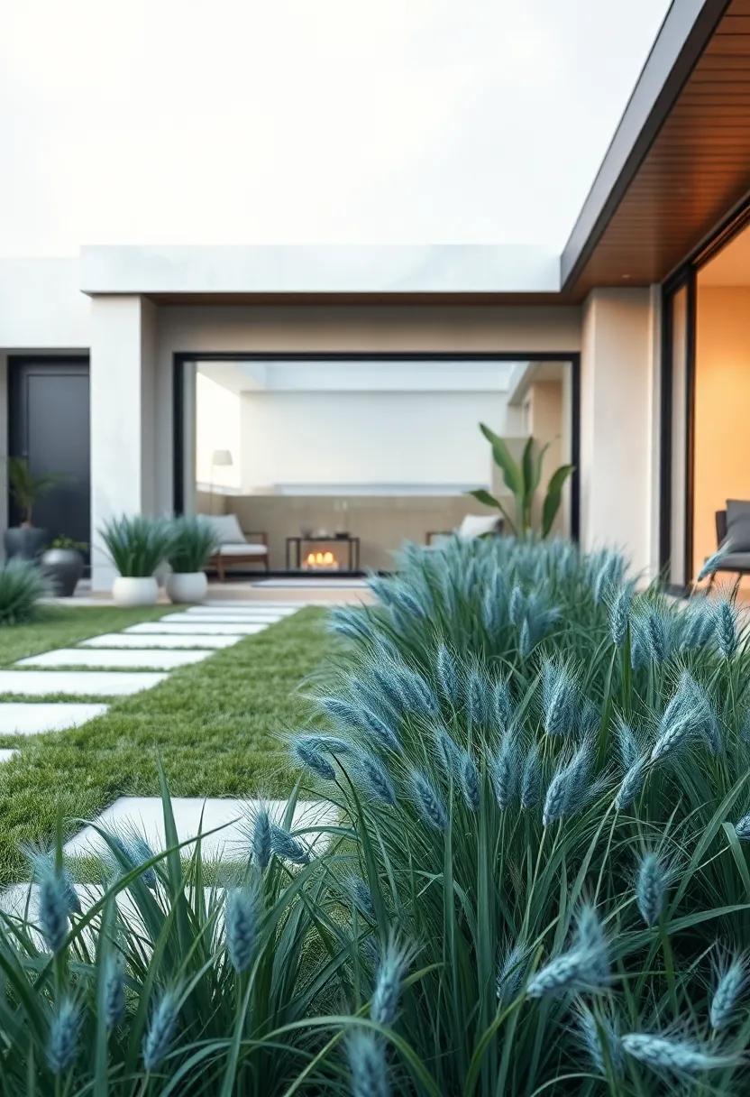 A Contemporary⁣ Front Yard⁤ Embracing minimalism with Sleek Blue Oat‍ Grass design