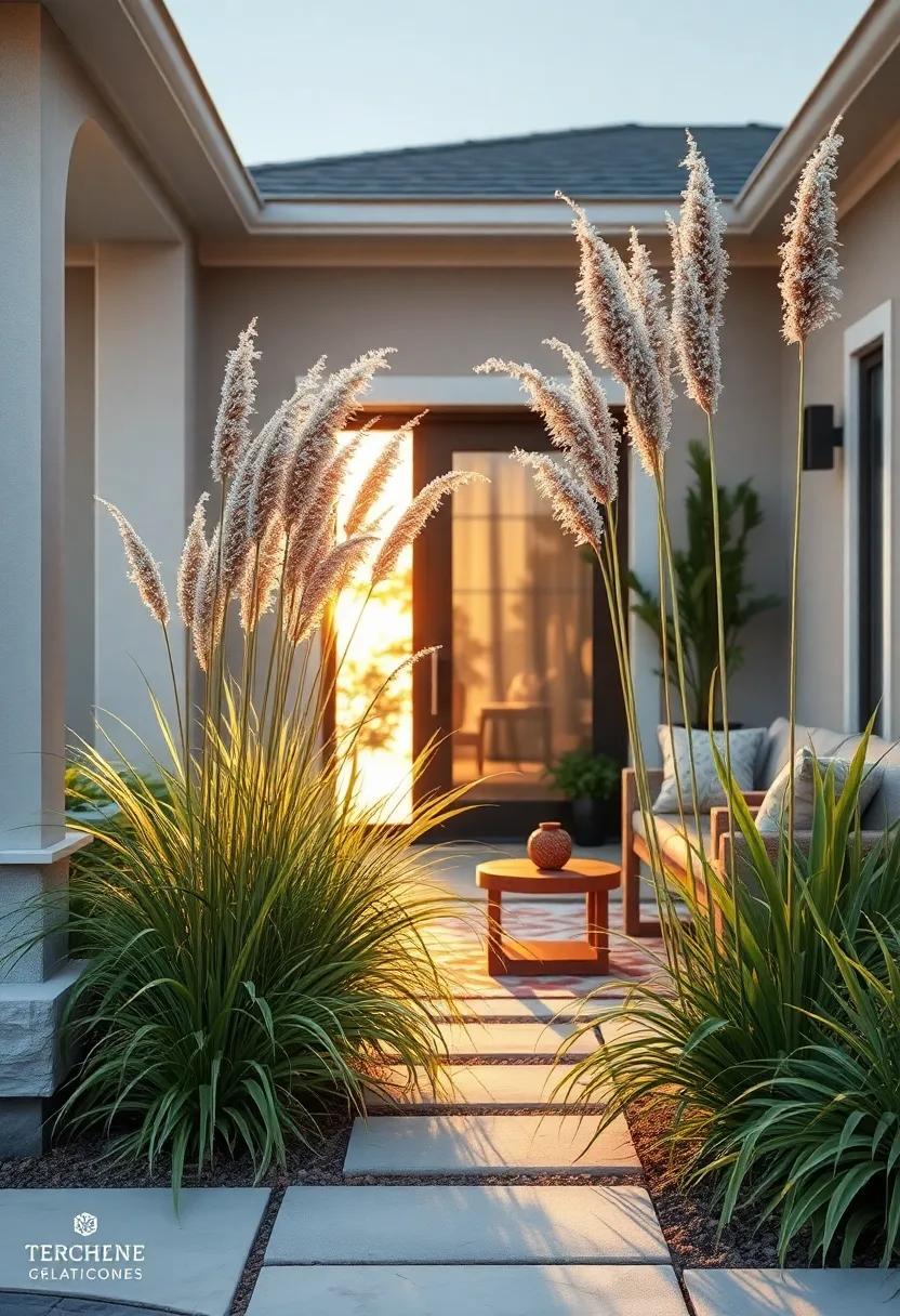 A Coastal-inspired Front Yard Featuring Sea Oats Blowing in the Breeze by the⁤ Driveway