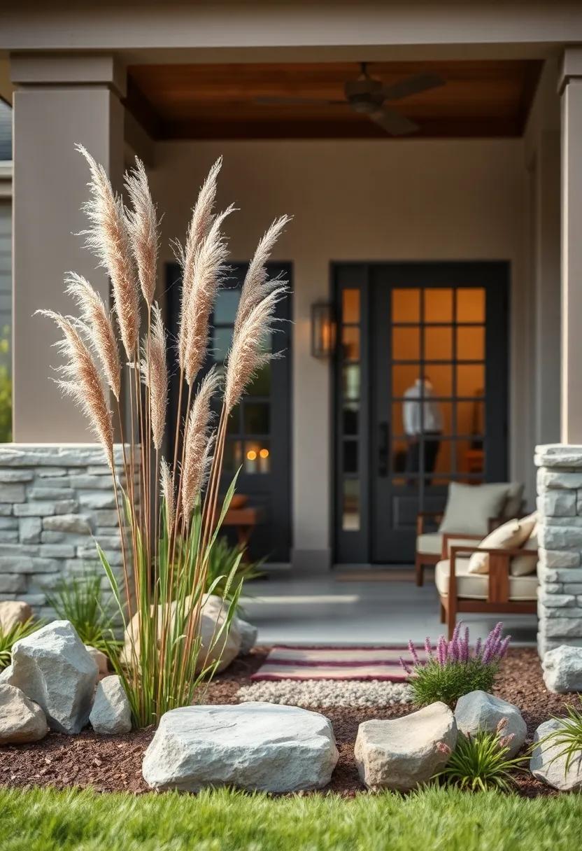 Rustic Charm Enhanced by Tall ⁤Switchgrass Standing Proud Amid Natural stone Accents
