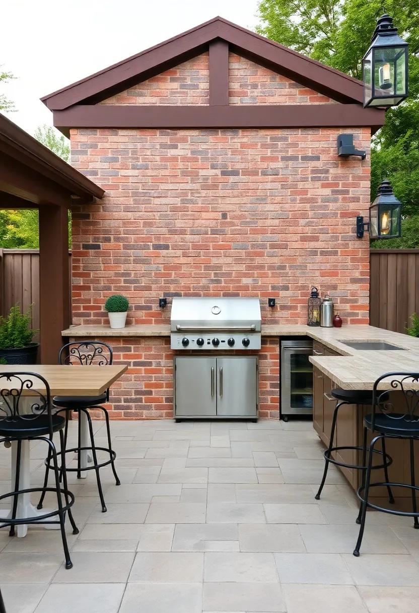 Classic Brick‍ Grill ⁤Station Surrounded by Iron Bar ⁢Stools and vintage Lanterns Evoking Timeless Outdoor Elegance
