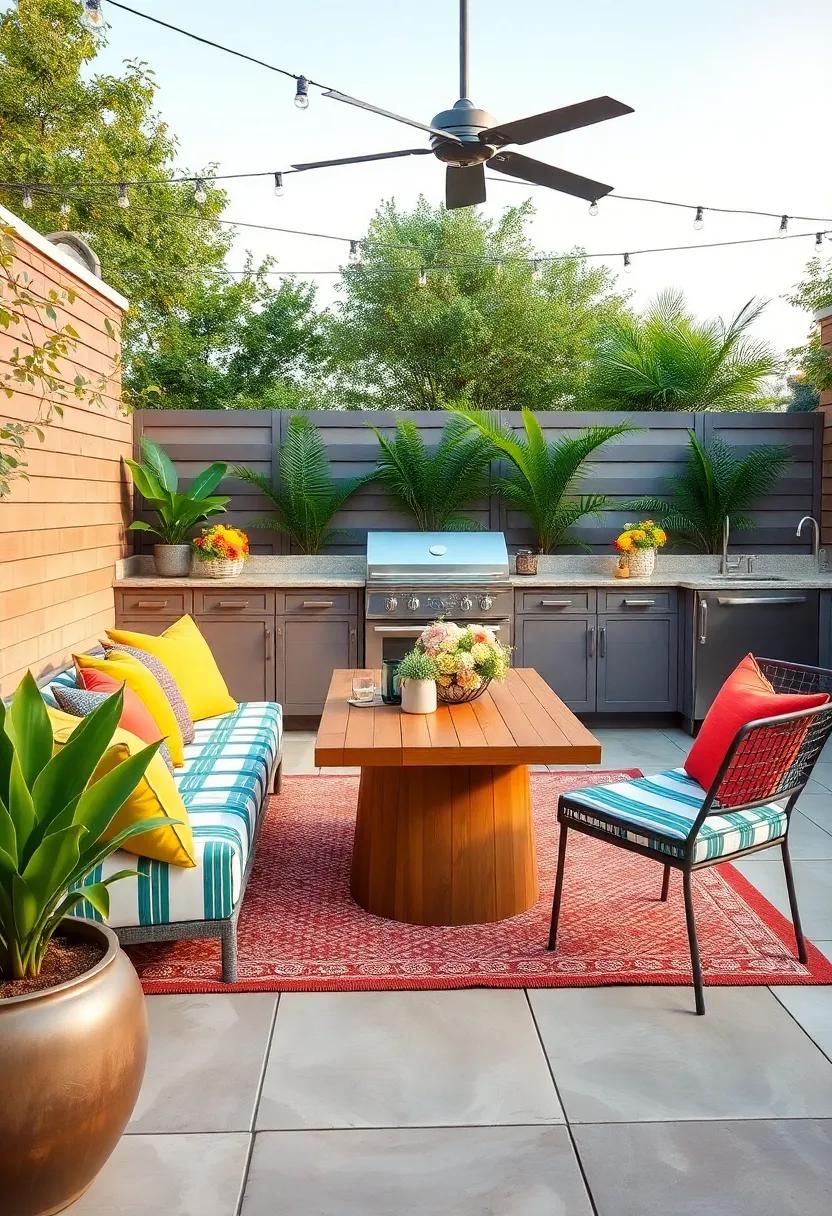 Colorful Accent Pillows and​ outdoor Rugs Defining Separate Zones for‍ Relaxation and Dining in the Backyard Oasis