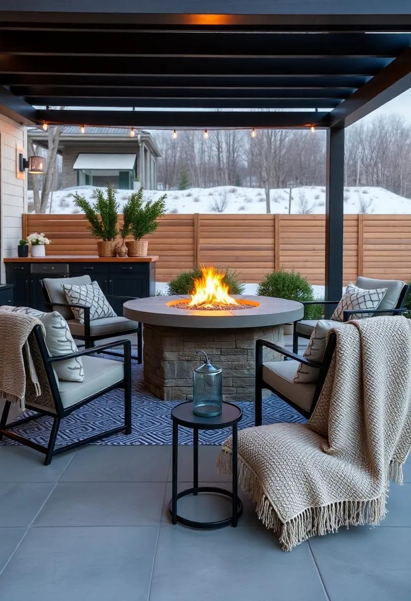 Contemporary Firepit Table ​Surrounded by Ergonomic Chairs and Soft Throws for Chilly ‍Evenings and Warm‌ Gatherings