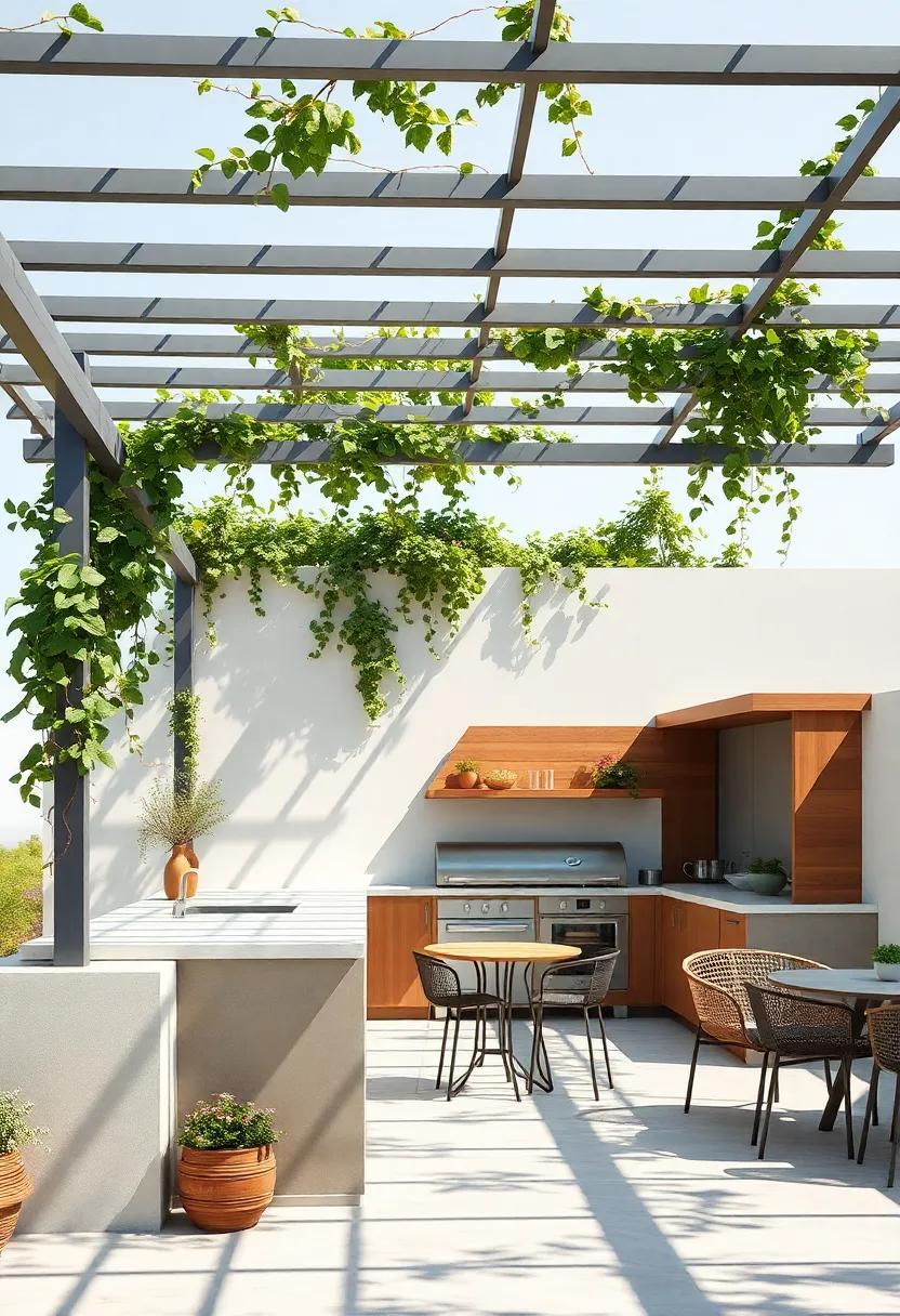 Elegant Metal Pergola with Climbing ‌Vines​ Casting Moving Shadows Over a Central Cooking and Social Area
