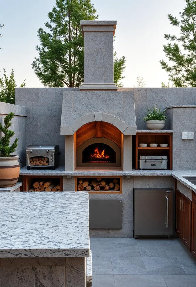 Elegant ‍Pizza Oven Nestled Among Granite Surfaces with Built-In ⁢Wood⁢ Storage for Authentic Rustic⁢ Cooking