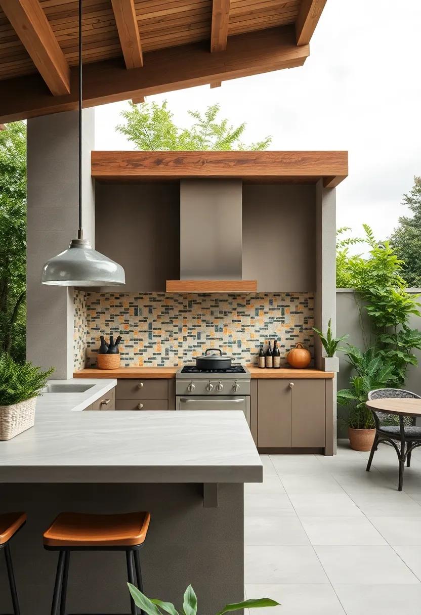 Eye-catching⁤ Mosaic⁤ Tile⁤ Backsplash Bringing Color and ⁣Texture to an Open-Air Cooking Space Surrounded⁤ by Nature