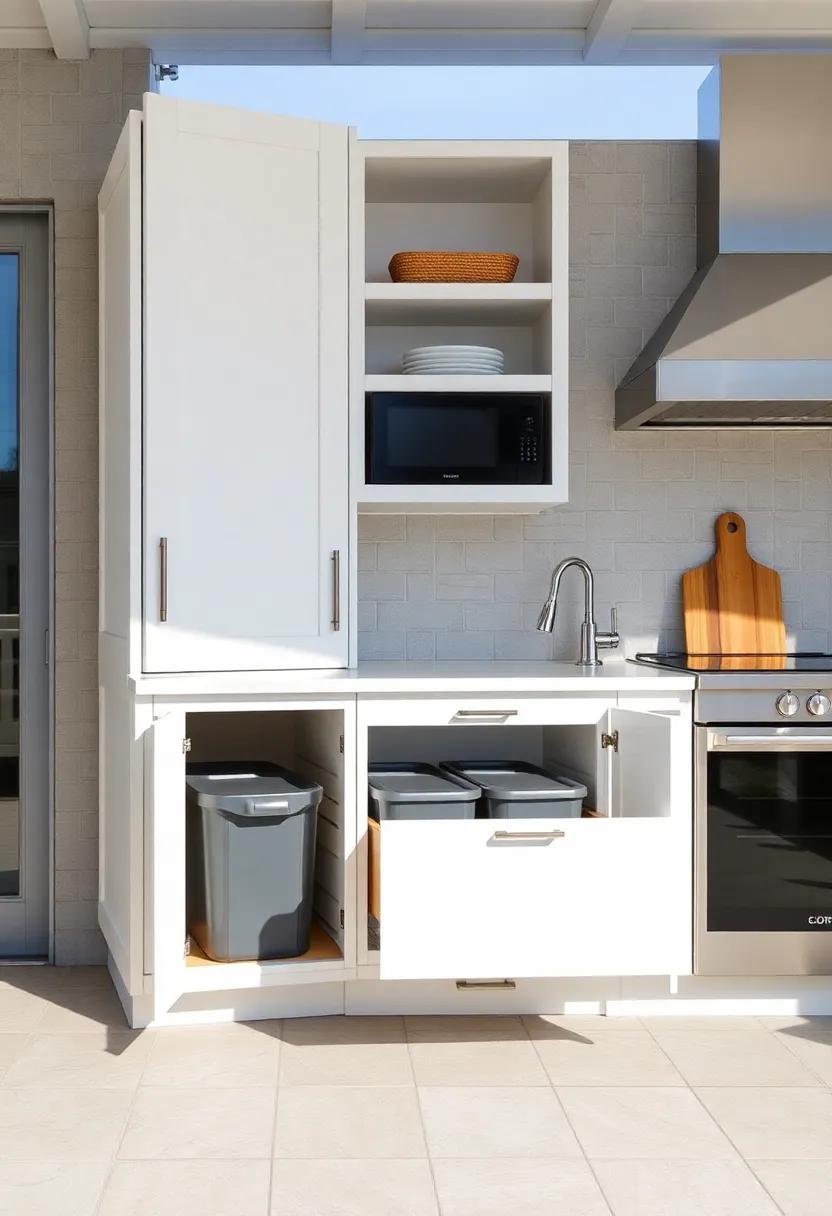 Functional drawer Organizers and ⁢pull-Out Trash Bins Hidden Neatly Within Cabinets​ for Streamlined Outdoor⁣ Efficiency