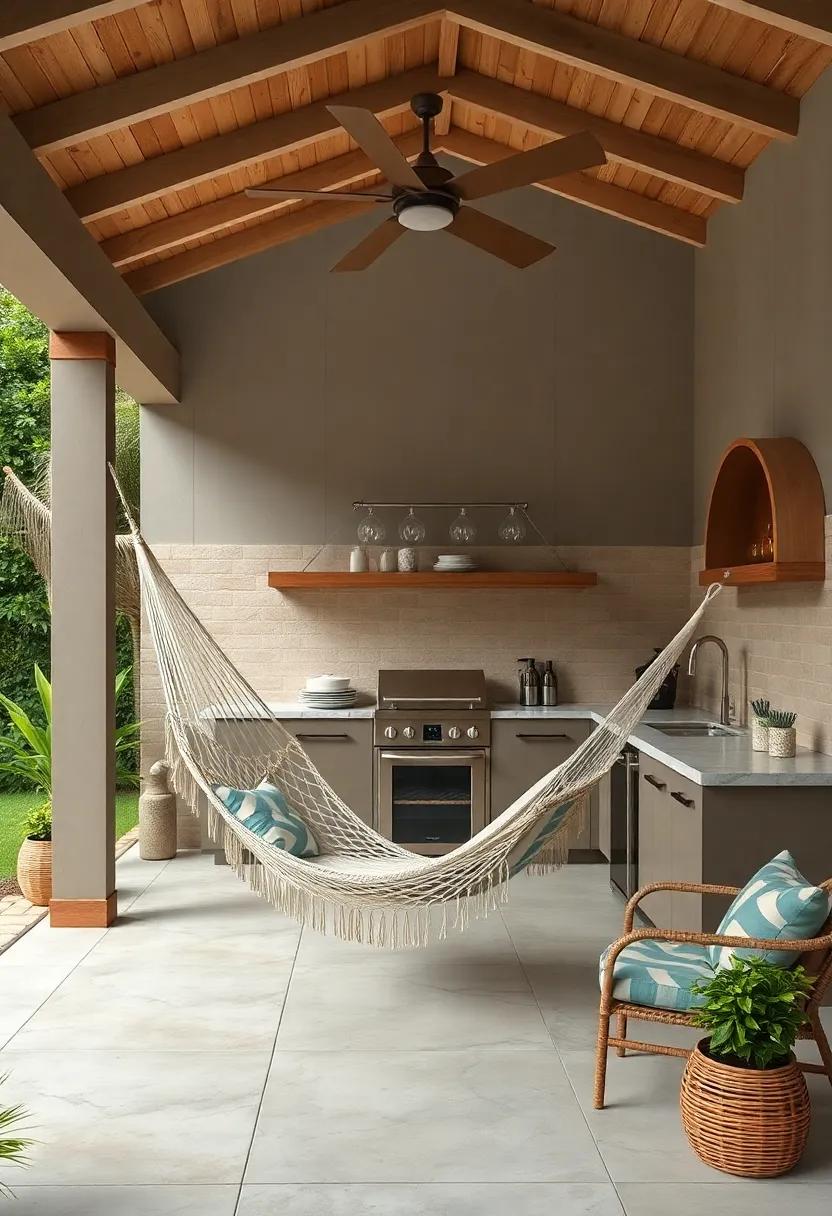 Inviting Hammock Hammock⁢ Nook Adjacent​ to the Cooking Area ‍offering a Relaxing Escape ‌in the Backyard Retreat