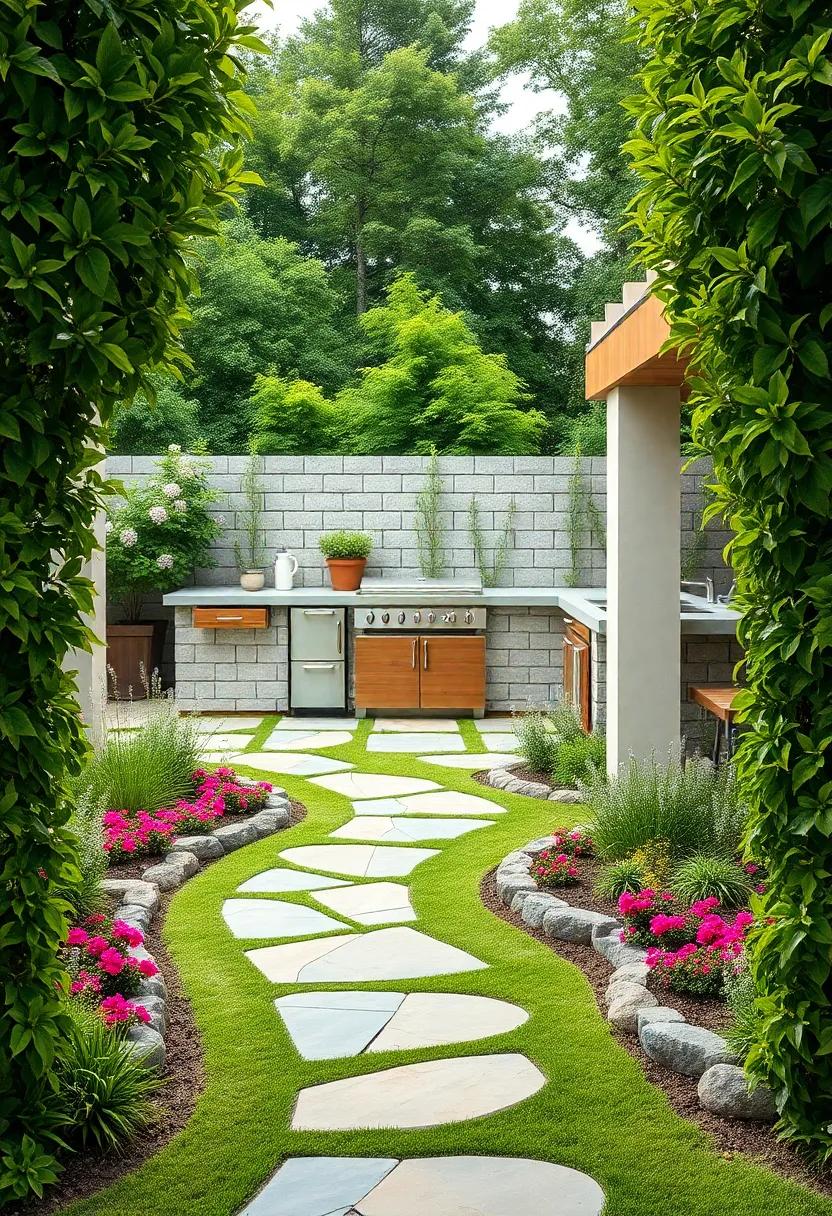 Lush ⁤Landscape Borders Framing an ⁢Outdoor Kitchen Space with Cascading Flower Beds and Curved Stone Pathways