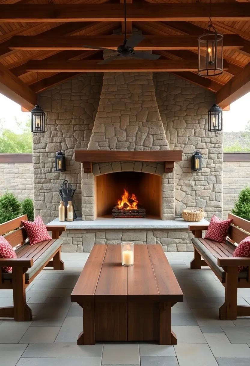 Rustic Charm Embodied by a Stone Fireplace Flanked by Wooden Benches and Hanging Lanterns for Ultimate Relaxation