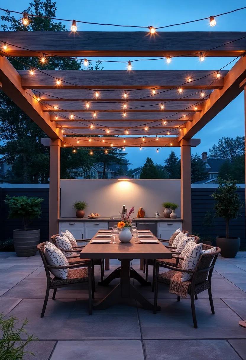 Sophisticated ‌Pergola Design Draped with Twinkling String Lights Creating an Intimate Dining Atmosphere Outdoors