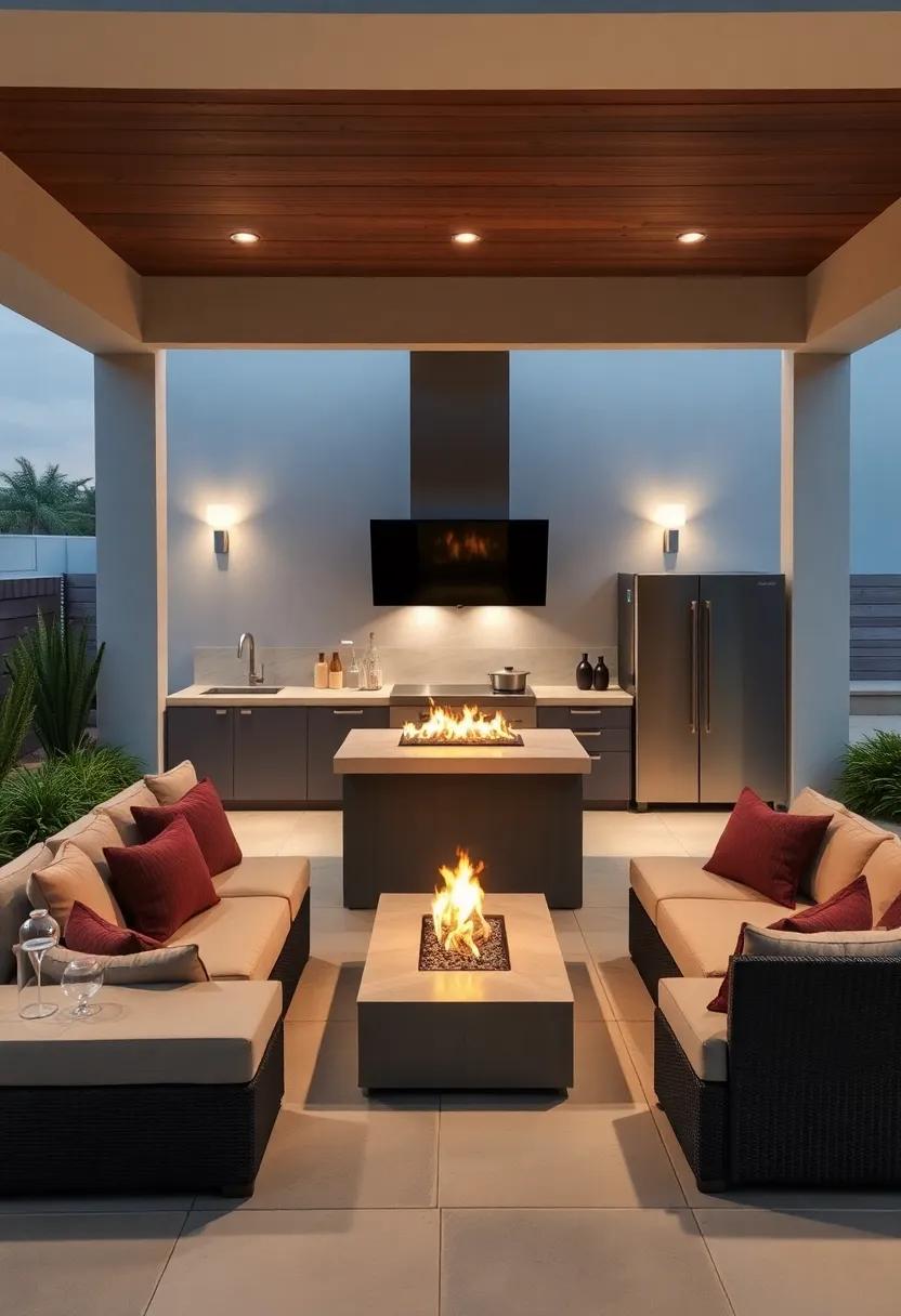 Sunken Seating Area with Plush Cushions and Fire Features Centered Around a Sleek Outdoor Kitchen island