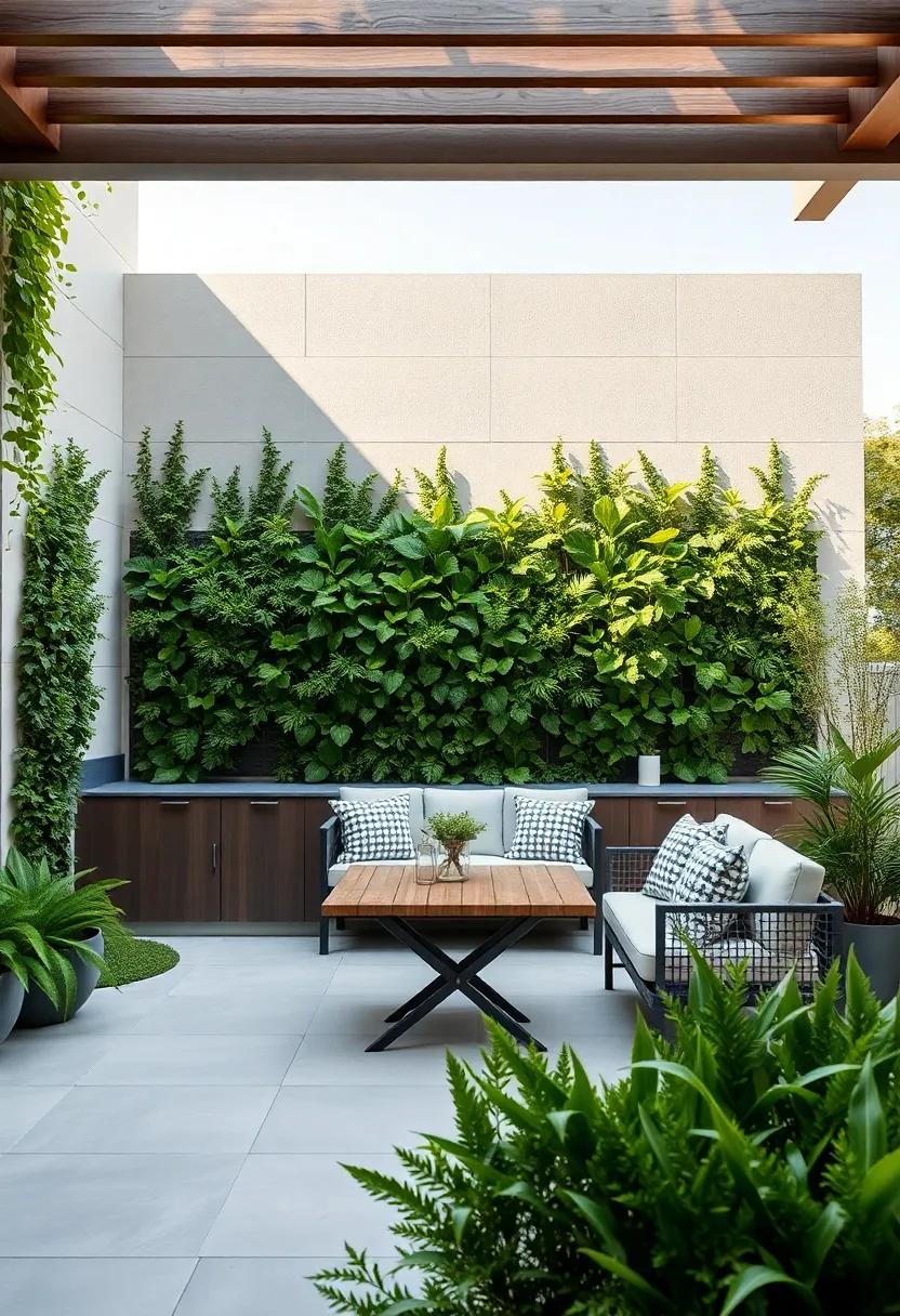 A Verdant Vertical Garden Wall positioned ⁤Behind a Stylish Seating Arrangement to Boost‌ serenity and Privacy