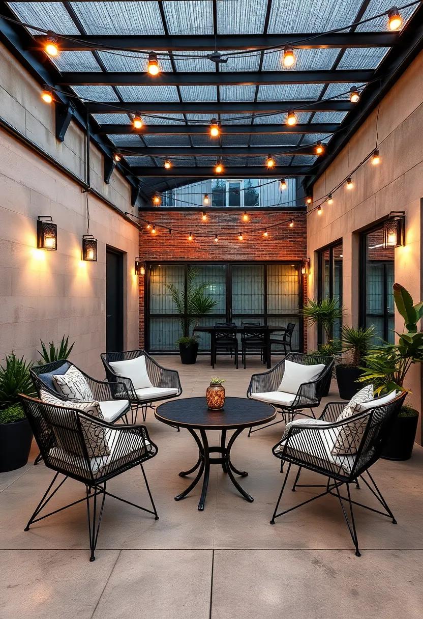 Admire a sleek, industrial-style patio featuring ‍metal furniture and concrete surfaces, enhanced by unique lighting ⁤features that create an edgy yet inviting atmosphere for gatherings