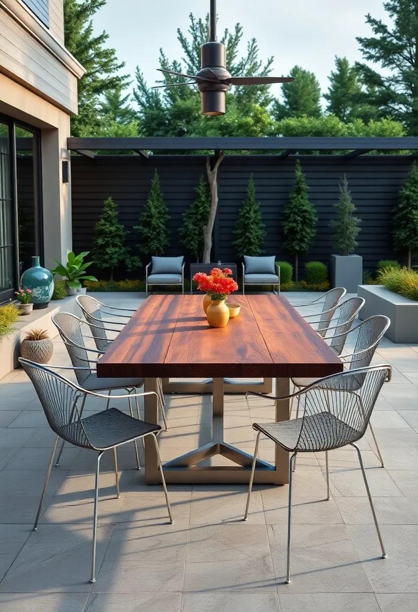 Be captivated by a luxurious outdoor‌ dining area adorned⁤ with sleek metal chairs and a striking hardwood table, set against ‌a ⁣backdrop‍ of lush landscaping that enhances outdoor dining⁣ experiences