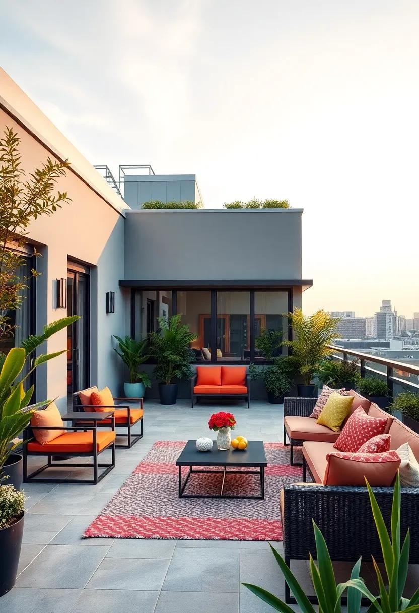 Discover the sleek lines and vibrant ⁤colors of ⁢a rooftop patio that seamlessly blends urban style with natural⁢ elements, featuring minimalist furniture that invites relaxation and social gatherings