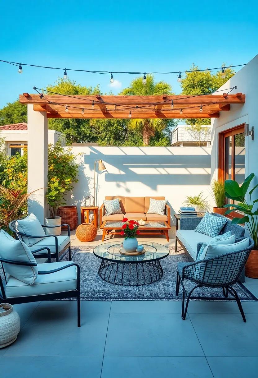 Discover a chic city terrace adorned with bold,colorful cushions and modern outdoor accessories,creating a festive yet sophisticated ambiance that’s perfect for summer soirées