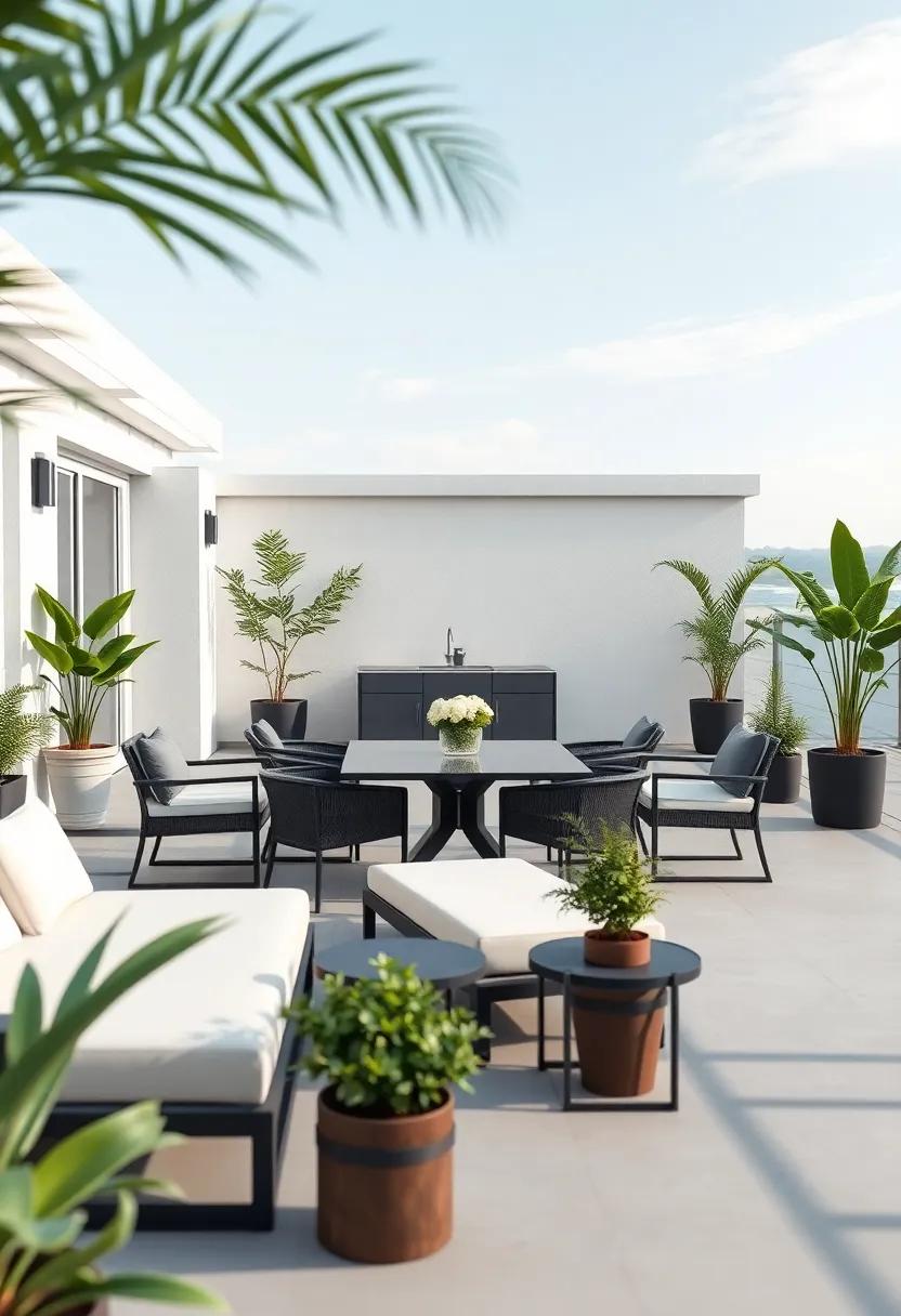 Embrace modern elegance on a spacious deck featuring⁣ sleek dining sets and lounge chairs, ⁢paired with lavish potted ‍plants that add‌ a touch of greenery to the inviting space