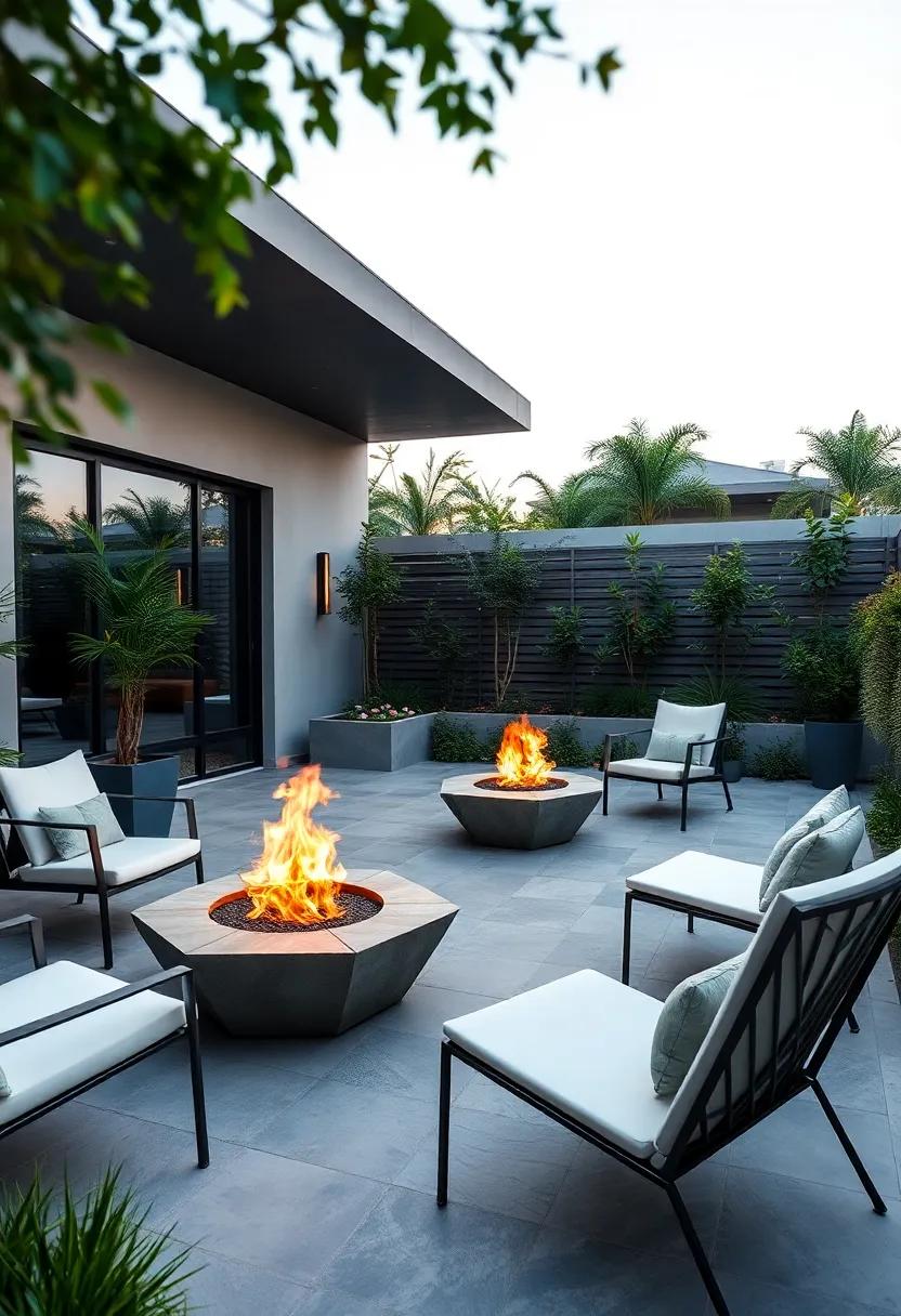 Enjoy the tranquility ‍of a contemporary garden patio featuring ​geometric fire pits⁣ and streamlined lounge chairs, creating an artistic environment that encourages⁤ relaxation and reflection