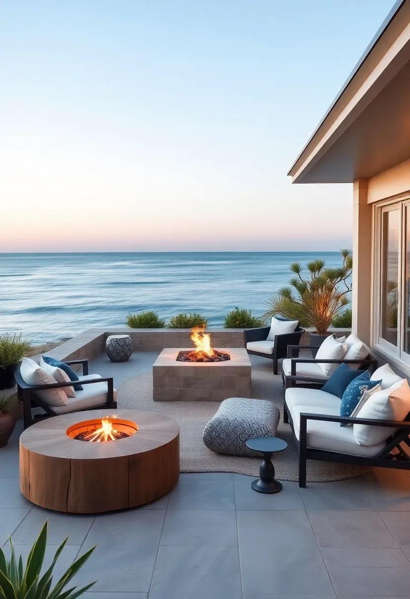 Experience a coastal⁢ retreat ⁢with a seaside patio showcasing weather-resistant, contemporary loungers, complemented by a fire pit⁣ that creates a⁢ cozy‌ atmosphere for evening conversations under the stars