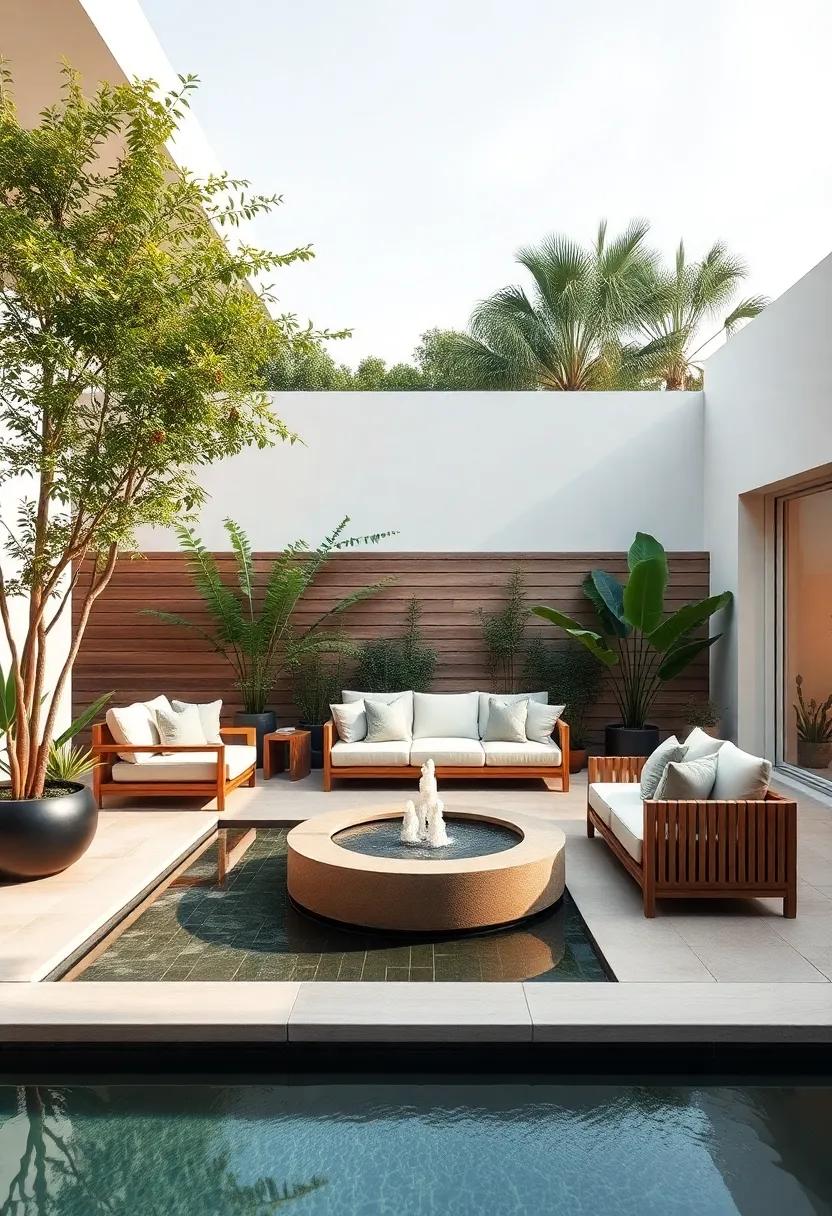 Experience the‌ blend ⁢of modern design⁤ and natural ⁤beauty in an enchanting patio featuring a sunken lounge area with plush seating, surrounded by ⁤a serene water feature that⁢ promotes relaxation