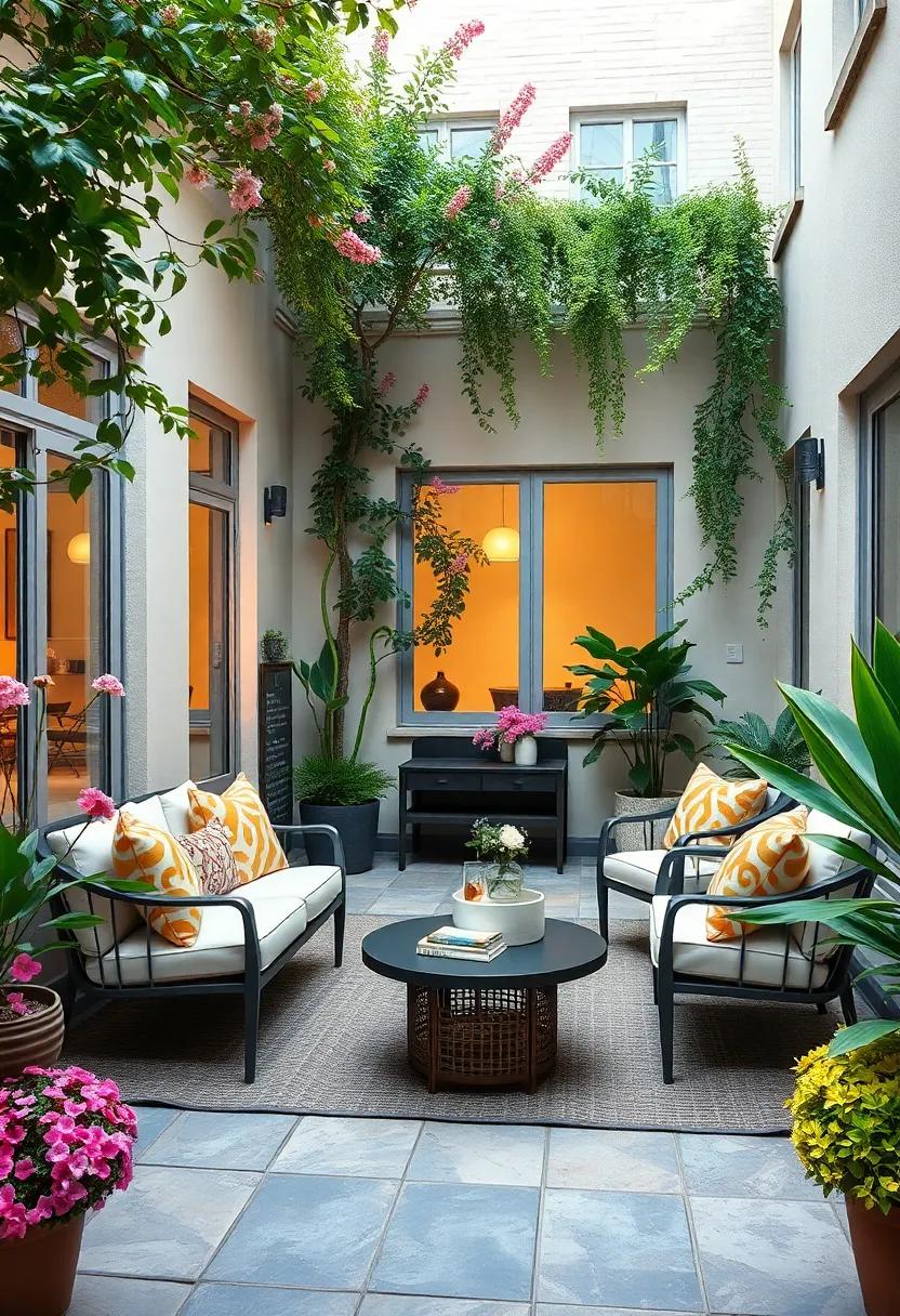 Experience​ a charming courtyard ​adorned ‍with modern seating options and elegant décor, creating an intimate space for relaxation or entertaining while surrounded by fragrant blooms