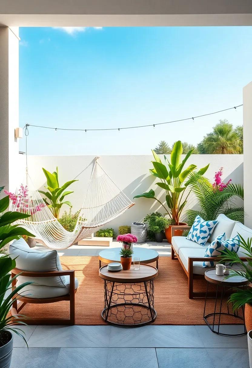 Immerse ⁣in a backyard sanctuary ‌where minimalist furniture⁢ meets vibrant flora, featuring elegant⁤ hammocks and stylish side tables that‍ invite leisurely‍ afternoons filled with tranquility