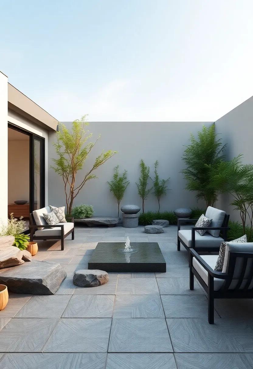 Indulge in a tranquil Zen garden patio with contemporary stone benches, gentle water features, and meditative spaces that‌ transform your outdoor area‌ into a serene escape from the bustle of daily life