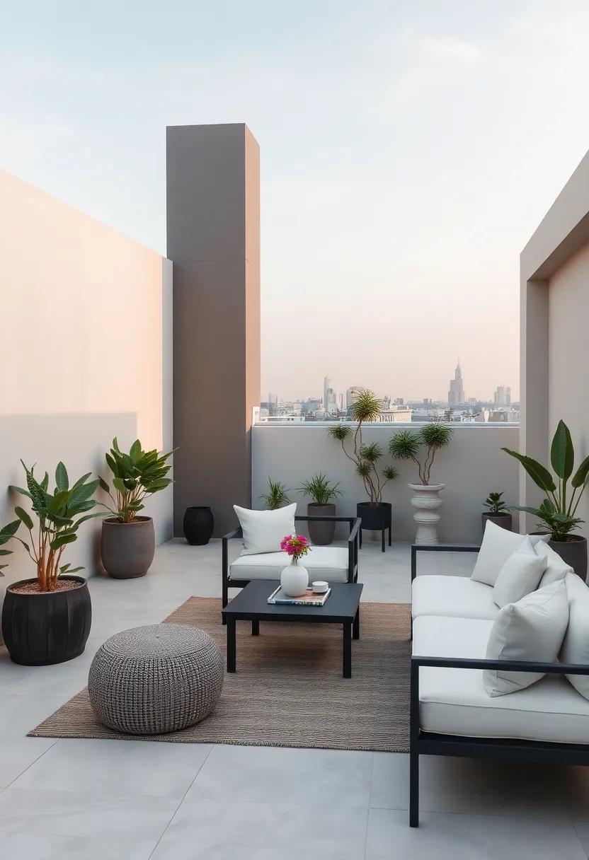 be inspired by a minimalist rooftop ⁢patio that embraces simplicity, featuring clean-cut furniture and understated décor,‍ fostering a ⁣calm environment perfect for unwinding after a long​ day
